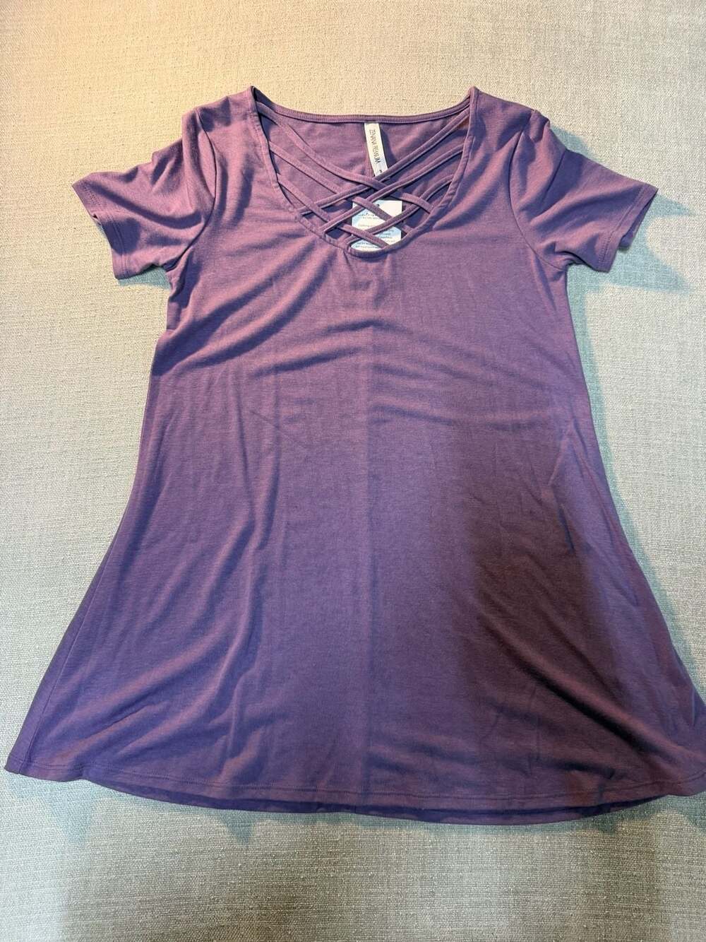 Zenana Premium Purple Lattice Criss-Cross Neck Tunic Top